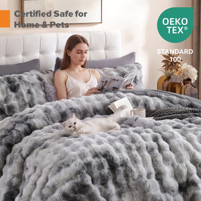 YIKUSH Fluffy Comforter Set Queen Size - Soft & Fuzzy Faux Fur Comforter, Ultra Plush Tie-dye Light Grey Comforter with Flannel Back, Warm Yet Lightweight Cozy Bedding Set - Image 4