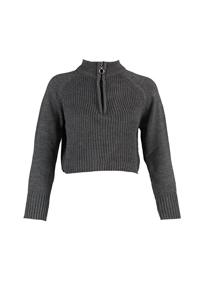 trendyol Anthracite Crop Zippered Stand Collar Basic Knitwear Sweater - Image 1