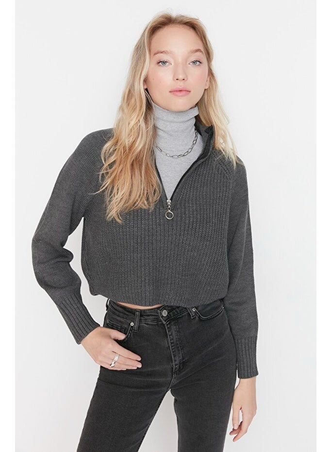 trendyol Anthracite Crop Zippered Stand Collar Basic Knitwear Sweater - Image 2