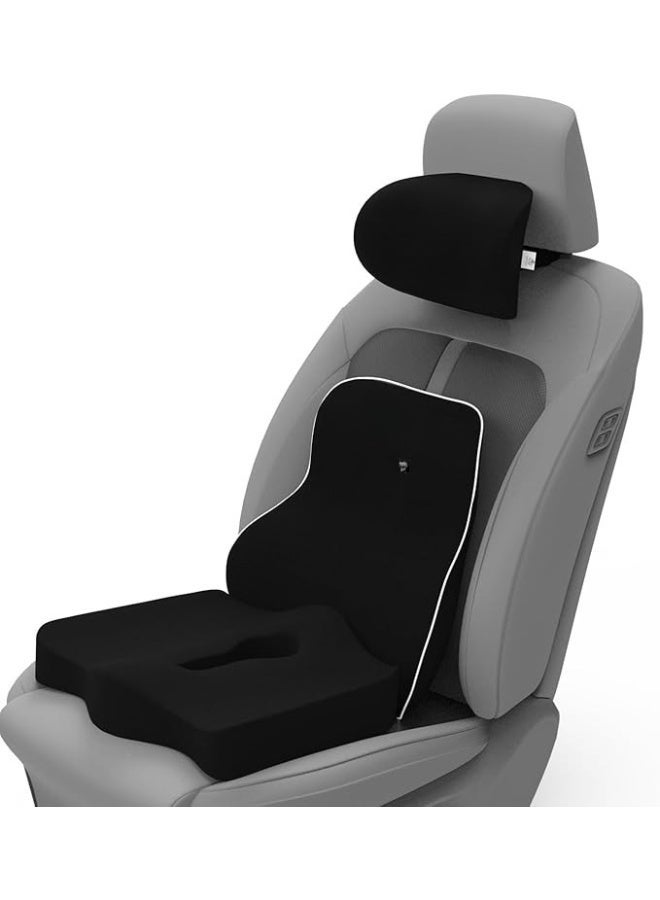 Memory Foam Car Seat Cushion Set Lumbar Back Support Coccyx Seat Cushion and Neck Pillow Ergonomic Support with Non Slip Base for Car Office Travel and Extended Sitting - Image 1