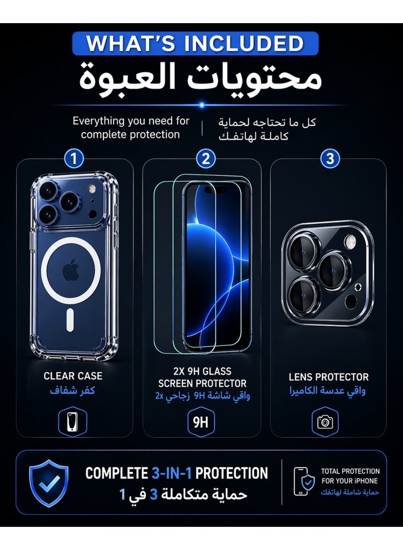 iPhone 17 Pro Max 3-in-1 Protection Kit - MagSafe Compatible Military Case with 2x 9H Glass & Lens Protector, Anti-Yellowing Strong Magnet - Image 3