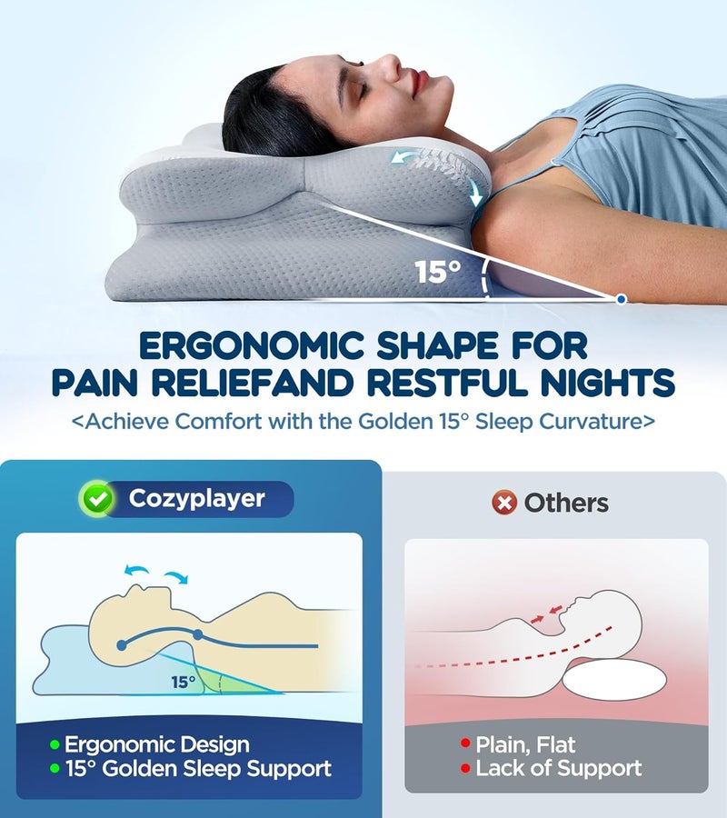 Cozyplayer Effective Pain Relief Cervical Neck Pillow for Sleeping, Ergonomic Cooling Side Sleeper Pillow for Neck Support, Odorless Orthopedic Contour Memory Foam Pillows, Bed Pillow for Stomach Back Sleeper - Image 3
