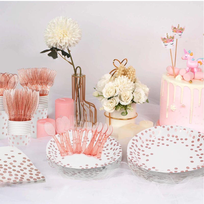 AIRE 350PCS White and Rose Gold Party Supplies  Severs 50 Rose Gold Plates and Napkins Party Supplies Plastic Forks Knives Spoons Golden Dot Paper Plates Napkins Cups for Engagement  Bridal Shower - Image 5