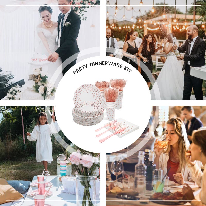AIRE 350PCS White and Rose Gold Party Supplies  Severs 50 Rose Gold Plates and Napkins Party Supplies Plastic Forks Knives Spoons Golden Dot Paper Plates Napkins Cups for Engagement  Bridal Shower - Image 4