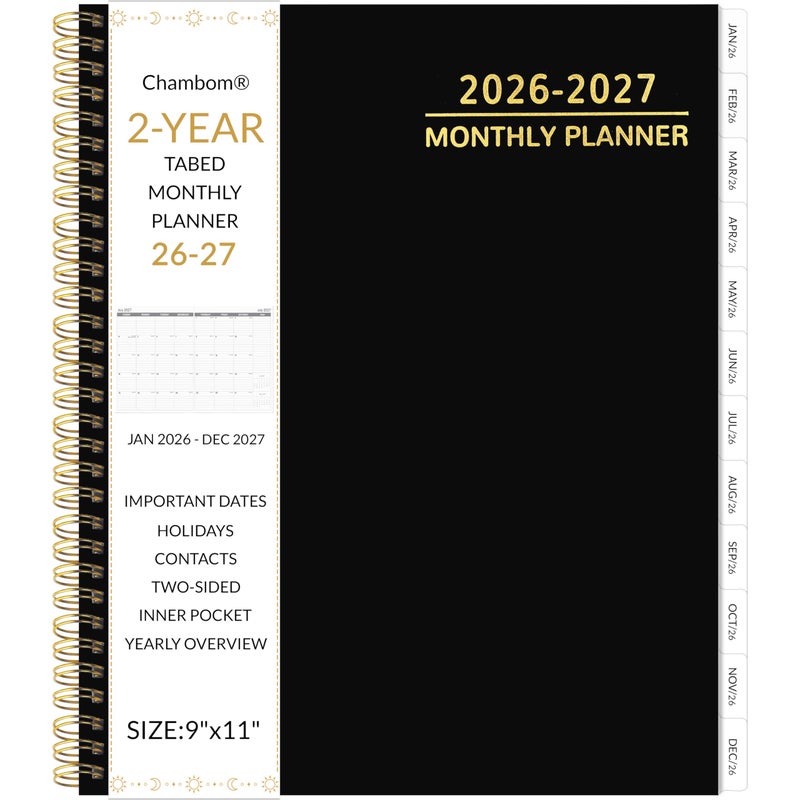Chambom 2026-2027 Monthly Planner 2 Year Monthly Planner/Calendar 2026-2027, 24 Months Calendar Planner Jan 2026 â€“ Dec 2027, 9" x 11", Tabs, Double-Side Pocket, Holidays, Thick Paper - Image 1
