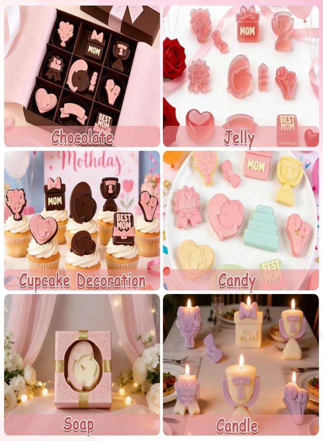 Dreplfn Mother's Day Silicone Mold 2Pcs Heart Silicone Molds Flower Chocolate Candy Molds with I Love Mom Best Mom Baking Mold for Baking Cake Jelly Pudding Fondant Muffin Soap Candle Ice - Image 3