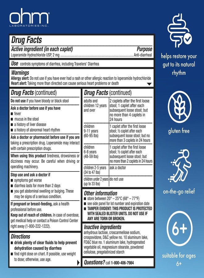 Ohm Loperamide Hydrochloride 2mg Caplets (24 Count) - Anti Diarrhea Pills for Adults, Effective Stomach Relief, Antidiarrheal Pills, Fast Acting Travel Medicine - Image 2