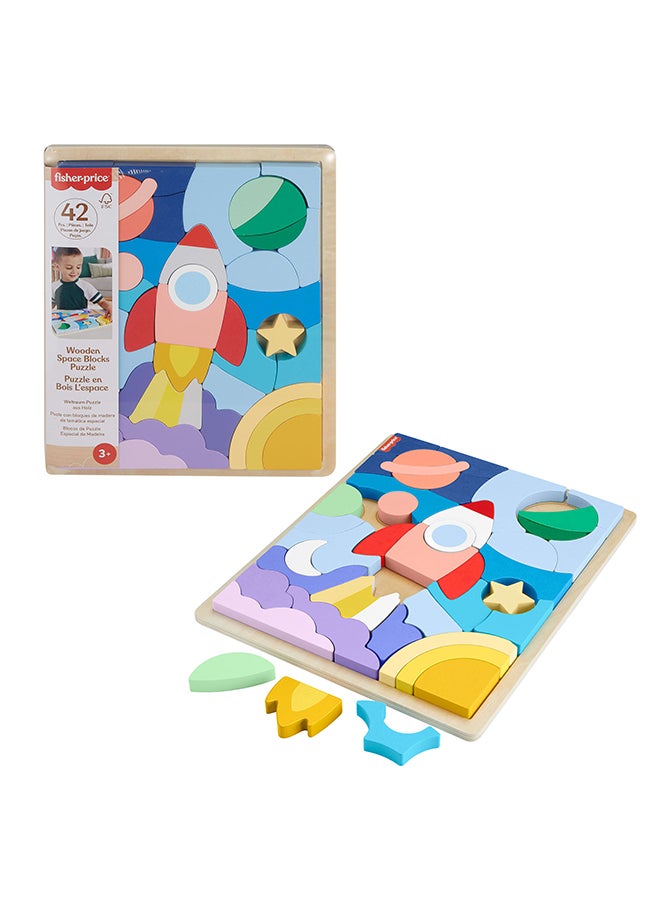 Fisher-Price Wood Preschool Toy Space Blocks Jigsaw Puzzle, 42 Wooden Pieces For Stacking & Sorting Play Kids Ages 3+ Years  - Image 1