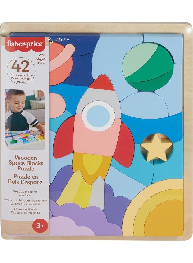 Fisher-Price ​Preschool Toy Wooden Space Jigsaw Puzzle With Stacking Blocks, 42 Wood Pieces For Sorting Play Ages 3+ Years  - Image 1