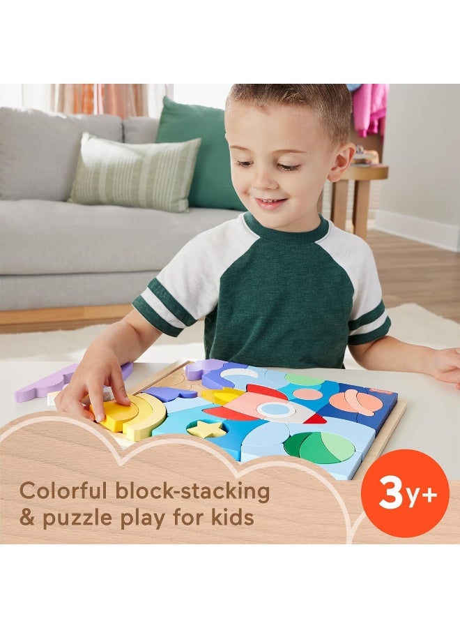 Fisher-Price ​Preschool Toy Wooden Space Jigsaw Puzzle With Stacking Blocks, 42 Wood Pieces For Sorting Play Ages 3+ Years  - Image 3