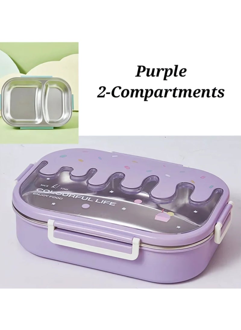 Twisoo - Twisoo Creative 2 Compartment Stainless Steel Lunch Box BPA Free Leakproof Clip Lock Ideal for Ice Cream and Steel Food Container Kids School Lunch box (Purple ) - Image 1
