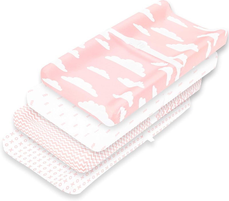 BaeBae Goods Changing Pad Cover Set | Pink Clouds | Cradle Bassinet Sheets/Change Table Covers for Boys & Girls | Super Soft 100% Jersey Knit Cotton | Pink and White | 150 GSM | 3 Pack - Image 1