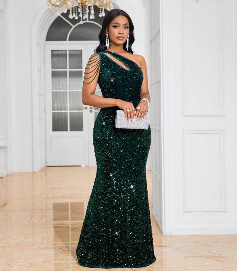 Cololura Women Sequin Elegant Sexy One Shoulder Tassel Oblique Collar Mermaid Bodycon Cocktail Evening Dress Green - Image 3