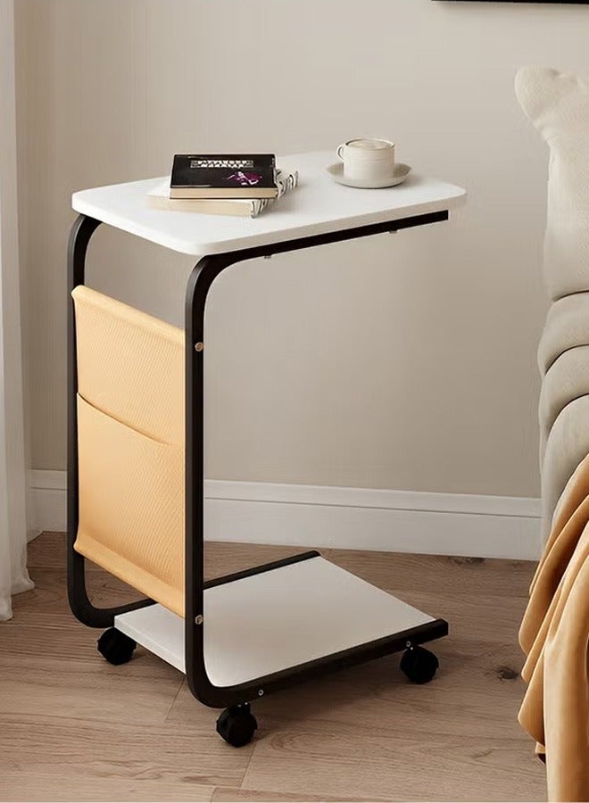 تايمي مجموعة من 4 طاولة جانبية عصرية علي شكل حرف C مزودة بعجلات وجيب جانبي، طاولة بجانب السرير والأريكة بإطار معدني لغرفة المعيشة و غرفة النوم –  أبيض مع إطار أسود - Image 4