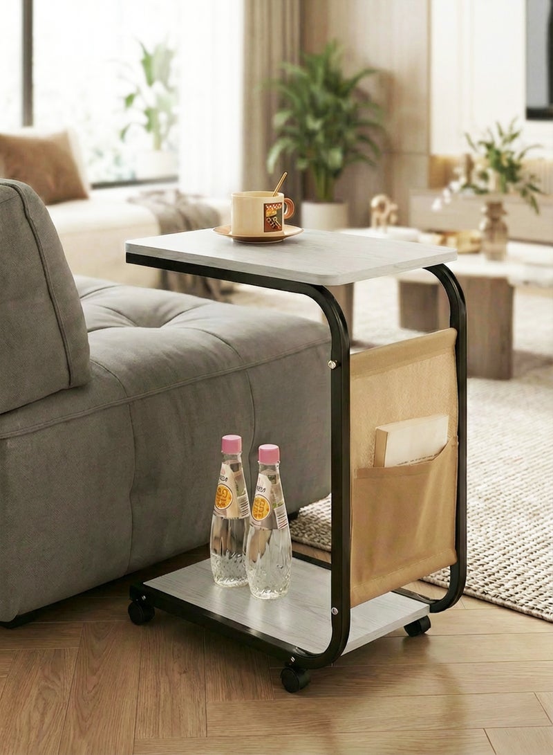 تايمي مجموعة من 4 طاولة جانبية عصرية علي شكل حرف C مزودة بعجلات وجيب جانبي، طاولة بجانب السرير والأريكة بإطار معدني لغرفة المعيشة و غرفة النوم –  أبيض مع إطار أسود - Image 2