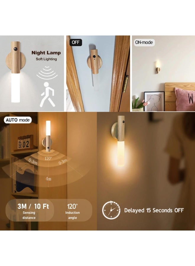 مصباح حائط بتصميم خشبي عتيق وإضاءة ليد ببطارية، مزود بجهاز استشعار حركة وقابل لإعادة الشحن اللاسلكي عبر منفذ USB، ليلي مغناطيسي للأطفال، بجانب السرير بلون أبيض دافئ - Image 5