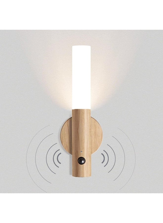 مصباح حائط بتصميم خشبي عتيق وإضاءة ليد ببطارية، مزود بجهاز استشعار حركة وقابل لإعادة الشحن اللاسلكي عبر منفذ USB، ليلي مغناطيسي للأطفال، بجانب السرير بلون أبيض دافئ - Image 1