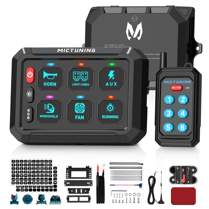 MICTUNING P1Y+ 6 Gang Switch Panel Wireless Remote Control Up to 230FT, Up to 5-Panels Simultaneously, Multifunction Toggle Momentary Flash Strobe Switch Pod with Backlit Off for Car Boat RV Offroad - Image 1