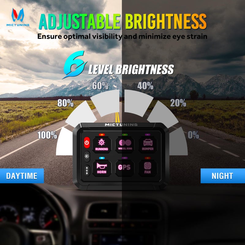 MICTUNING P1Y+ 6 Gang Switch Panel Wireless Remote Control Up to 230FT, Up to 5-Panels Simultaneously, Multifunction Toggle Momentary Flash Strobe Switch Pod with Backlit Off for Car Boat RV Offroad - Image 4