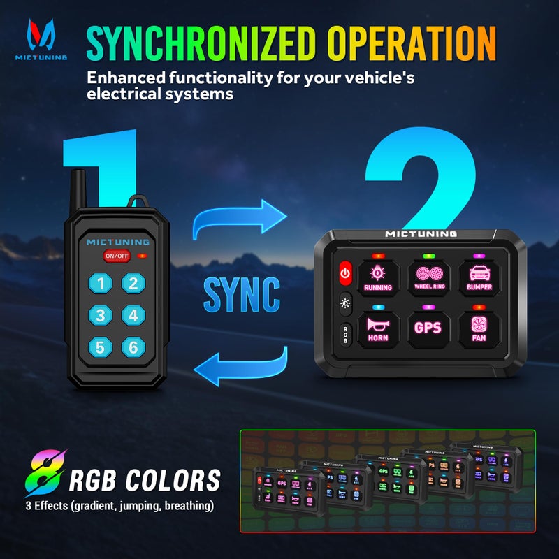 MICTUNING P1Y+ 6 Gang Switch Panel Wireless Remote Control Up to 230FT, Up to 5-Panels Simultaneously, Multifunction Toggle Momentary Flash Strobe Switch Pod with Backlit Off for Car Boat RV Offroad - Image 5