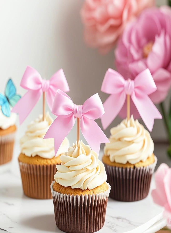 Solldgt Pink Bow Cupcake Toppers - Pink Bow Cake Topper Birthday Decorations, 12Pcs Bowknot Cupcake Picks for Coquette Bow Theme Party Decoration Bachelorette Bridal Engagement Wedding Baby Shower Party Decor - Image 1