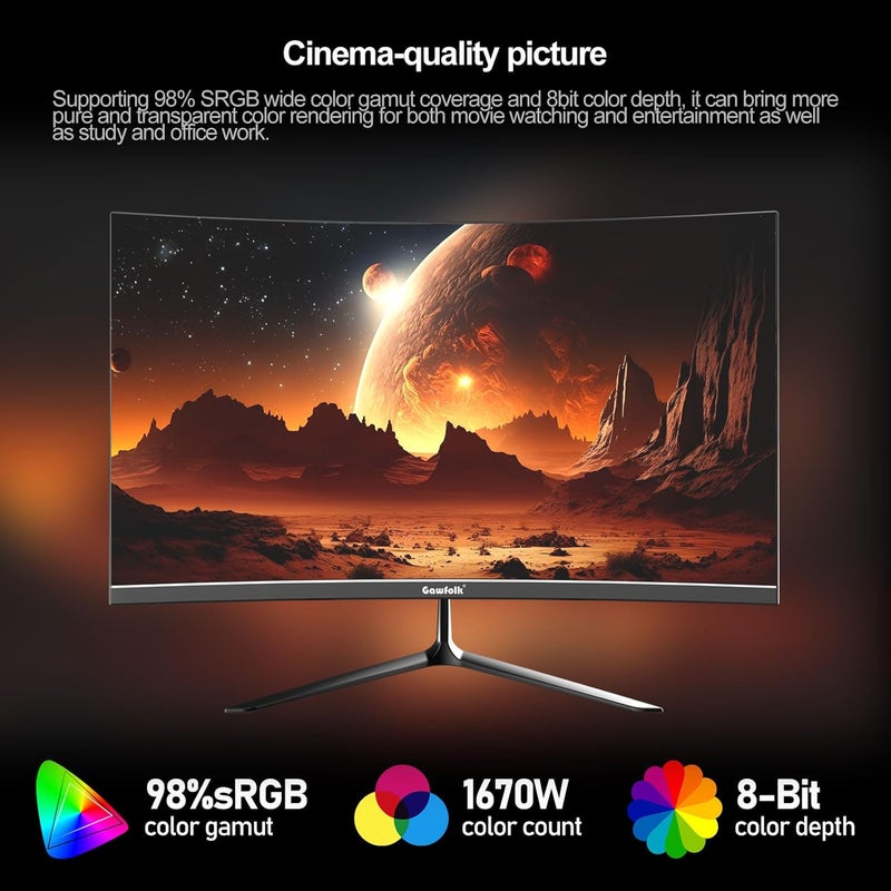 شاشة Gawfolk مقاس 24.5 بوصة FHD 120Hz منحنية 3000R شاشة عرض كمبيوتر 98% sRGB خالية من الوميض مناسبة للمنزل والمكتب والمراقبة مع مكبر صوت مدمج - Image 5