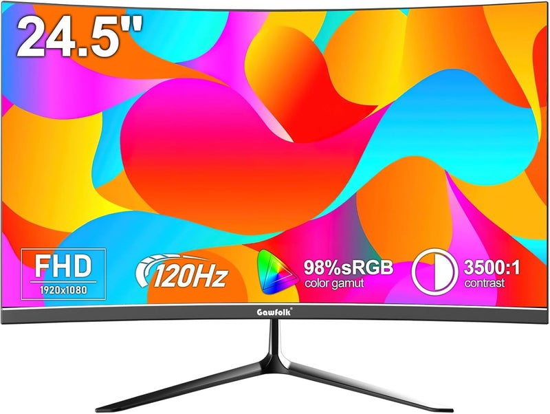 شاشة Gawfolk مقاس 24.5 بوصة FHD 120Hz منحنية 3000R شاشة عرض كمبيوتر 98% sRGB خالية من الوميض مناسبة للمنزل والمكتب والمراقبة مع مكبر صوت مدمج - Image 1