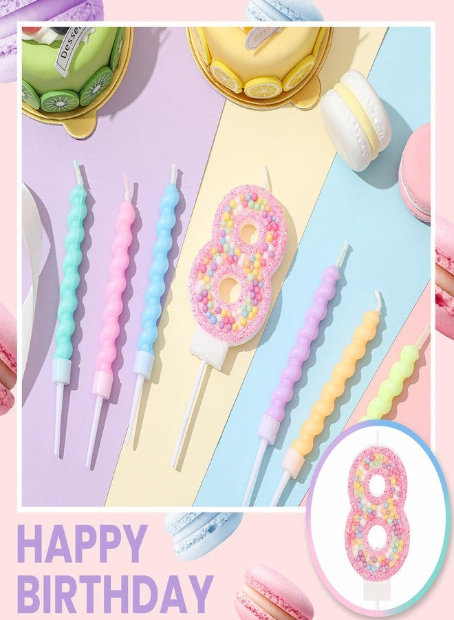 ميتلي شمعة عيد ميلاد MTLEE على شكل ماكارون لامعة ثلاثية الأبعاد على شكل رقم مع 12 شمعة حلزونية بألوان قوس قزح في حوامل لتزيين كعكة عيد ميلاد فتاة أو ولد، أو حفل زفاف أو ذكرى زواج، أو حفلة ذات طابع حلوى باستيل (وردي، رقم 8). - Image 3