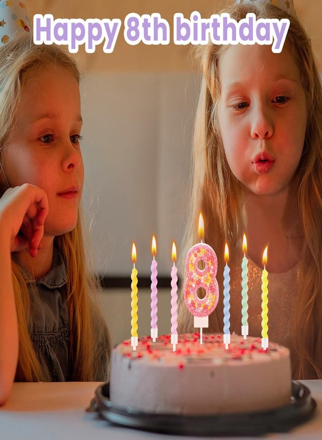ميتلي شمعة عيد ميلاد MTLEE على شكل ماكارون لامعة ثلاثية الأبعاد على شكل رقم مع 12 شمعة حلزونية بألوان قوس قزح في حوامل لتزيين كعكة عيد ميلاد فتاة أو ولد، أو حفل زفاف أو ذكرى زواج، أو حفلة ذات طابع حلوى باستيل (وردي، رقم 8). - Image 4