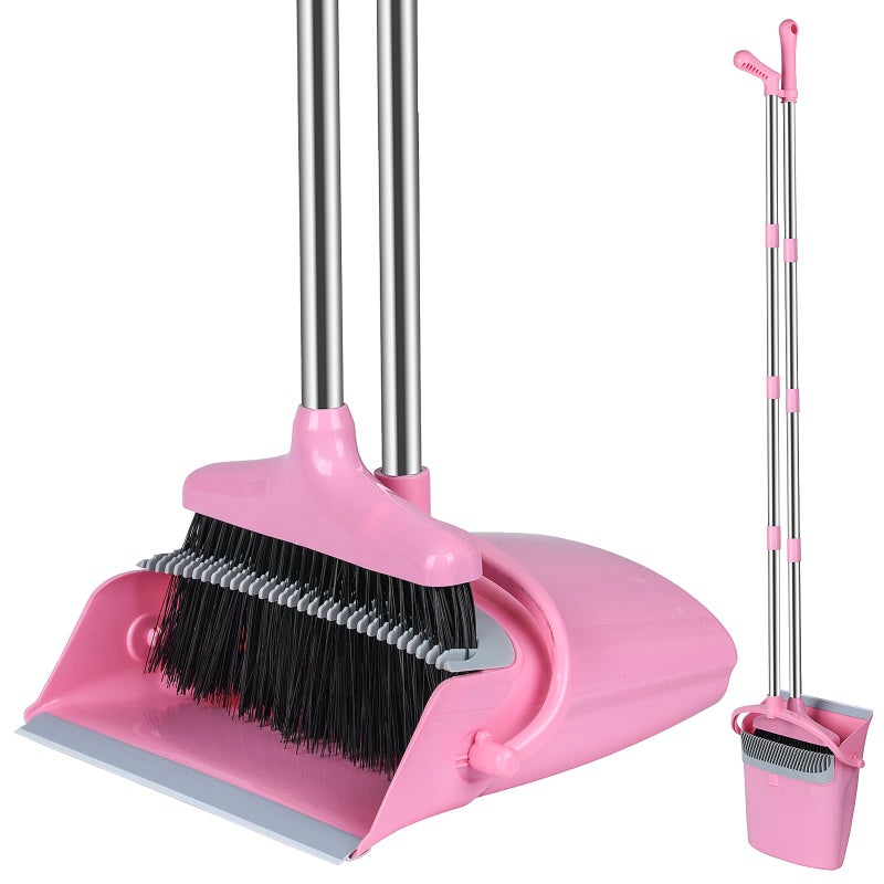 Eleckey Broom and Dustpan Set, Broom with Dustpan Combo Set for Home Office Kitchen(Pink) - Image 1