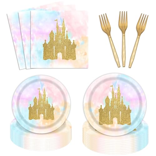 96 Pcs Princess Castle Birthday Party Supplies Plates and Napkins Set for 24 Guests Watercolor Pastel Rainbow Birthday Party Decorations Fairytale Party Tableware Plate Fork Napkins