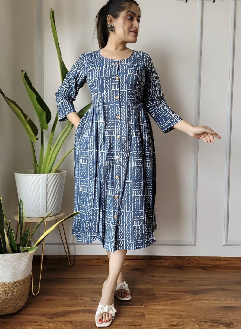 IndHeritage - Premium blue dress with white Indian prints, calf length dress with white floral prints - Stylish trending Indo Western Dress - IDH00209 - Image 1