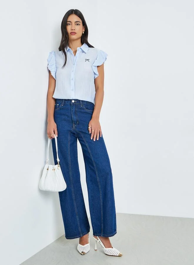 Styli Blue Frill Sleeve Bow Detail Shirt