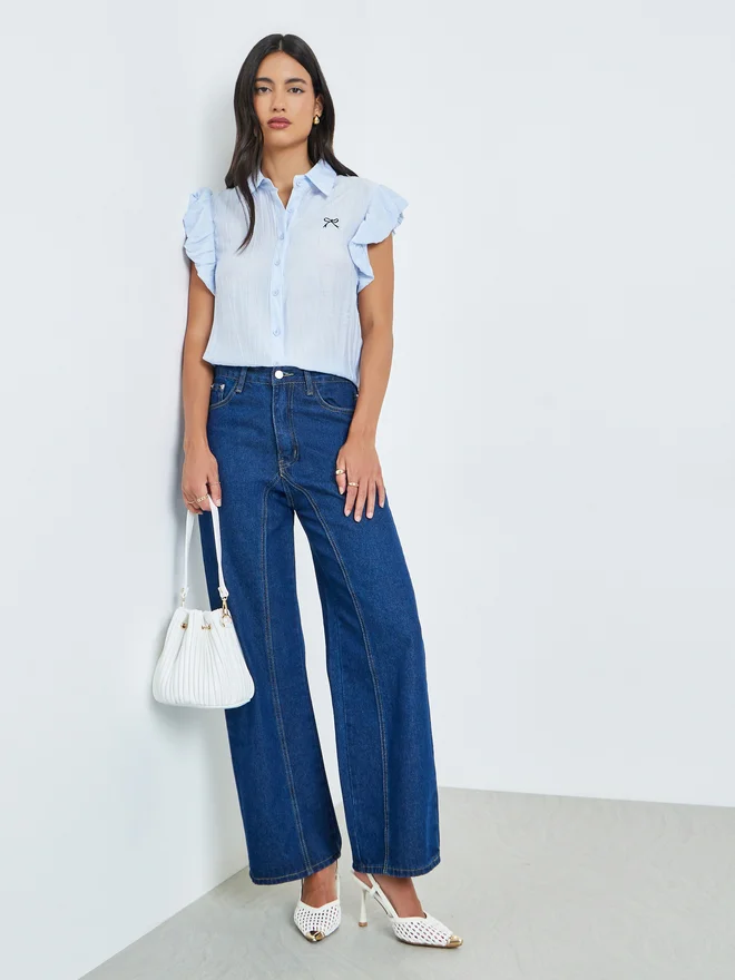 Styli Styli Blue Frill Sleeve Bow Detail Shirt