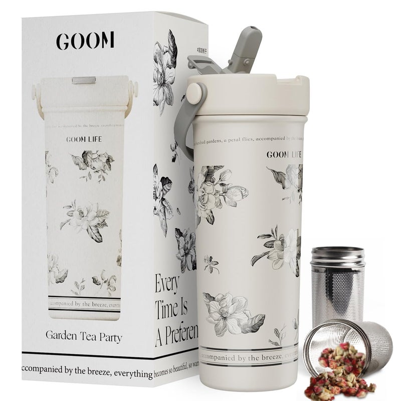 GOOM 20 oz Spill Proof Tumbler with Lid and Straw Top Handle Extended Tea Infuser 1810 Stainless Steel Insulated Hot  Cold Brew Gifts for Mom Women Her Teacher Gifts  Floral White