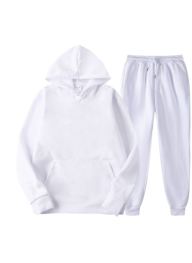 Generic - Spring New Glboard Solid Color Hooded Sweatshirt Casual Pants Fleece-Lined Pulloversuit Mens Sets White - Image 1