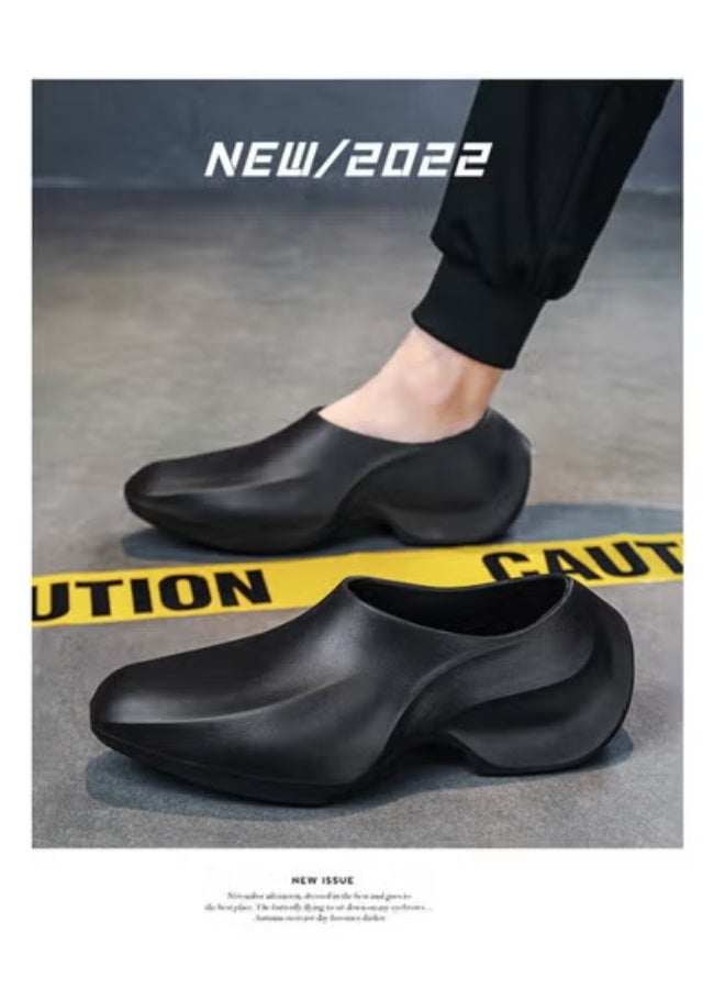 One-step casual sandals for men, kitchen thick-soled trendy shoes, comfortable and non-slip summer slippers (black)  - Image 5