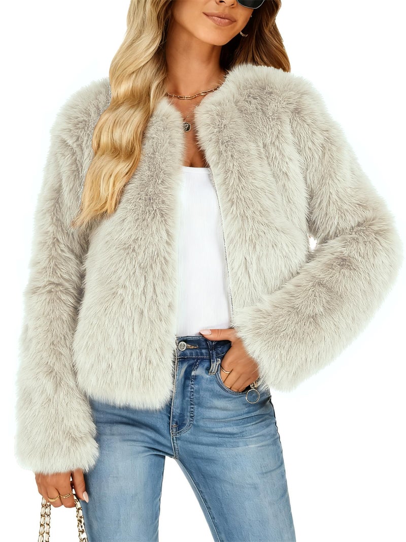 Funlingo Womens Cropped Faux Fur Coat Winter Zip Up Long Sleeve Warm Jacket 2025 Trendy Crew Neck Overcoat Beige M - Image 1