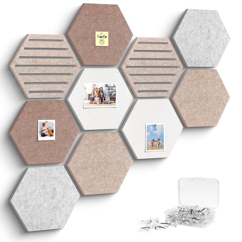 Kciplab Hexagon Cork Bulletin Board Tiles, 10 Pack Felt Board with Push Pins, Photo Display Board for Office & Home Classroom Wall Decor - Image 1