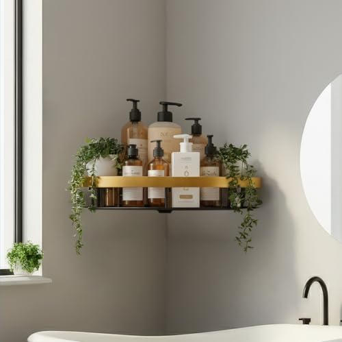 MIORAH Self Adhesive Bathroom Corner Shelf, Rustproof Powder Coated Aluminium Organizer, No Drill Wall Mounted Storage Gold Pack of 1 - Image 1