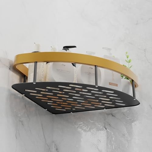 MIORAH Self Adhesive Bathroom Corner Shelf, Rustproof Powder Coated Aluminium Organizer, No Drill Wall Mounted Storage Gold Pack of 1 - Image 5