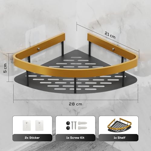MIORAH Self Adhesive Bathroom Corner Shelf, Rustproof Powder Coated Aluminium Organizer, No Drill Wall Mounted Storage Gold Pack of 1 - Image 2
