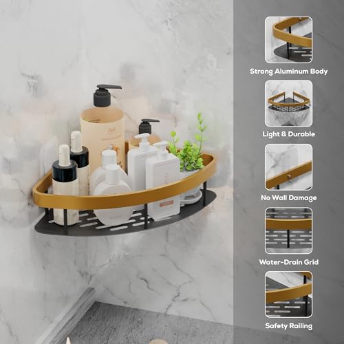 MIORAH Self Adhesive Bathroom Corner Shelf, Rustproof Powder Coated Aluminium Organizer, No Drill Wall Mounted Storage Gold Pack of 1 - Image 3