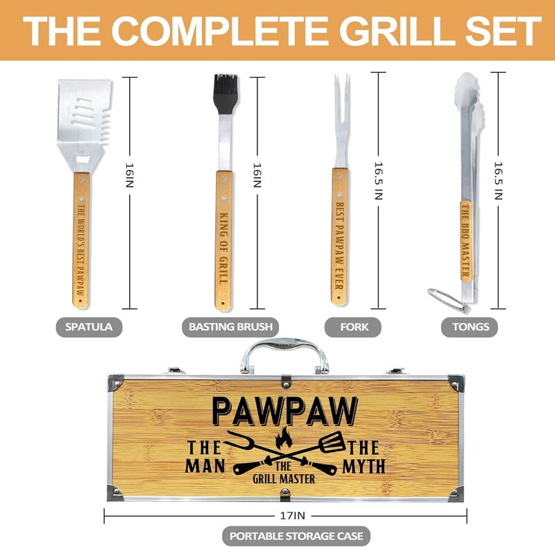 Taesun Paw Paw Gifts, Christmas Pawpaw Gifts from Grandkids Heavy Duty Wooden BBQ Grilling Accessories Kit for Backyard, Thick Stainless Steel Grill Utensils with Non-Slip Handle Tools in Portable Bag - Image 3