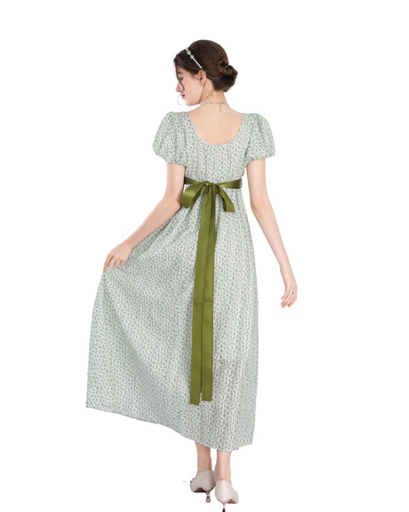 Nuoqi Regency Dresses for Women Long Floral Regency Era Dress Empire Waist Tea Party Dress Large, Green Floral - Image 3
