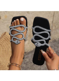 2024 New Large Size Womens Slippers Diamond Flat Bottom Sandals Outerwear One-Row Square Head Slippers Rubber Sole China Made Black