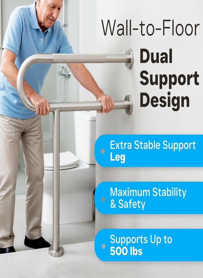 M JINGMEI 24 Inch Toilet Grab Bar with Leg for Bathroom, Wall & Floor Mounted Stainless Steel Handicap Grab Bar, Brushed Nickel Anti-Slip Knurled Grip, Safety Rail for Elderly, Disabled and Pregnant - Image 2