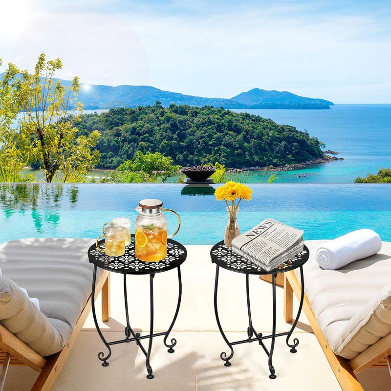 DARCKLE 2 Pack 14 Inch Outdoor Side Table for Small Spaces, Patio Side Table,Plant Stand,Round Metal End Table for Patio,Yard Porch Balcony Garden - Image 2