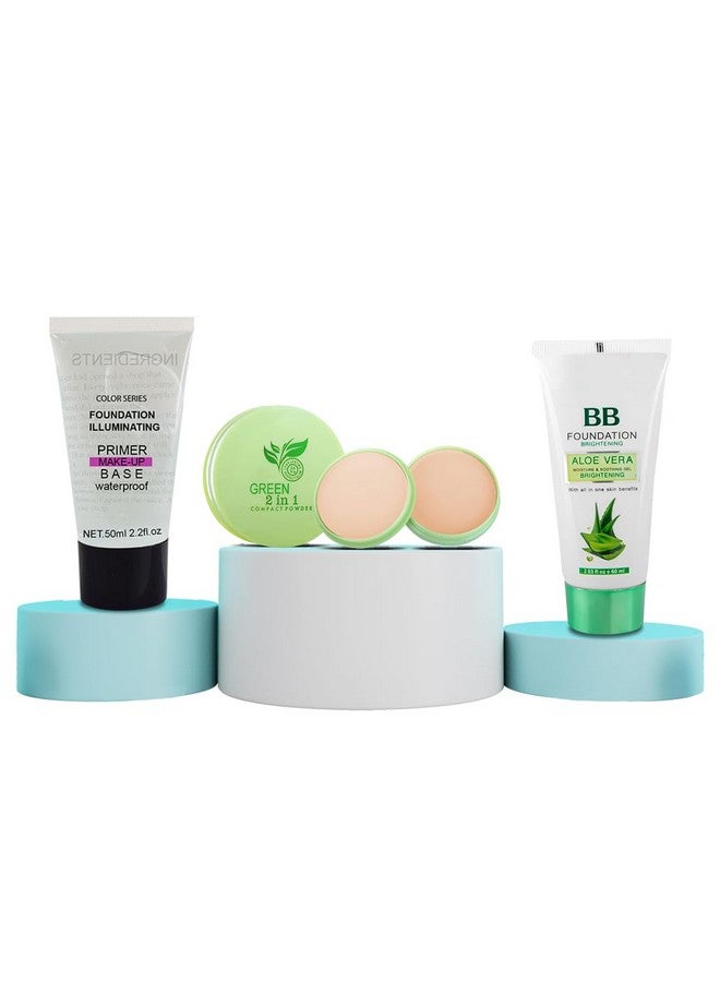 adbeni Base Set Complete Beauty Combo Of Primer Compact With Concealer And Bb Foundation Quick Set Waterproof Long Lasting Full Coverage Blendable Normal To Oily Skin Pack Of 3 (Aloe Vera)