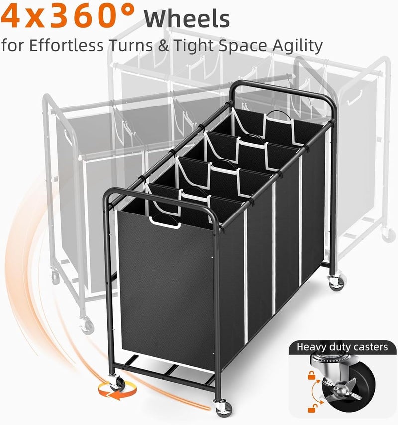 ROMOON 4 Bag Laundry Sorter Cart, Laundry Hamper Sorter with Heavy Duty Rolling Wheels for Clothes Storage, Black - Image 5